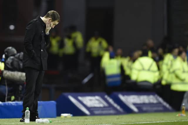 Dejection for Hearts manager Ian Cathro as his side lost 2-0 at Ibrox. Picture: Rob Casey/SNS