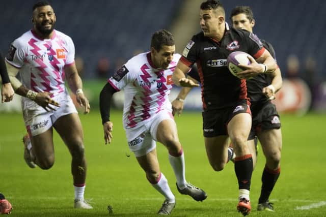 Damien Hoyland runs in for Edinburgh's opening try in the win over Stade Francais. Picture: Gary Hutchison/SNS/SRU