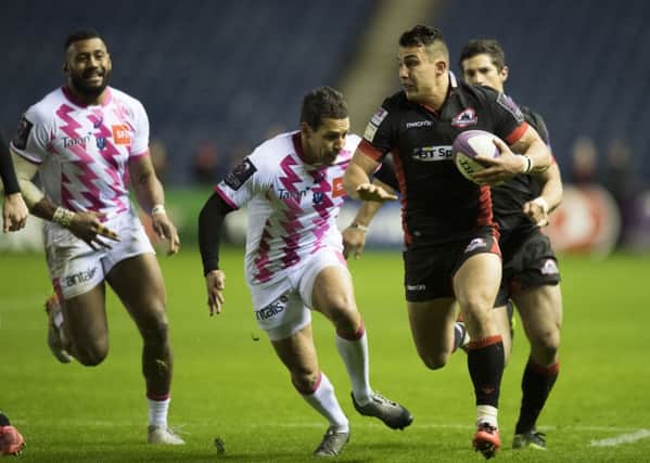 Damien Hoyland runs in for Edinburgh's opening try in the win over Stade Francais. Picture: Gary Hutchison/SNS/SRU