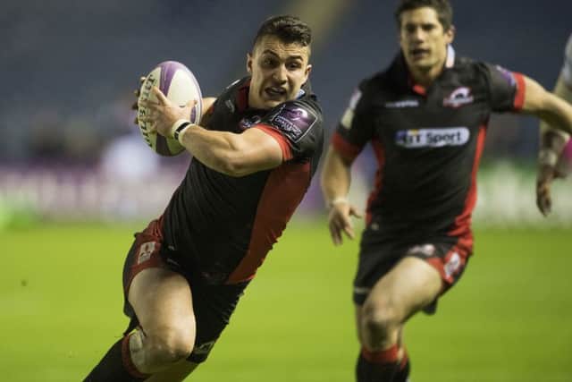 Edinburgh's Damien Hoyland runs in for the opening try. Picture: Gary Hutchison/SNS/SRU