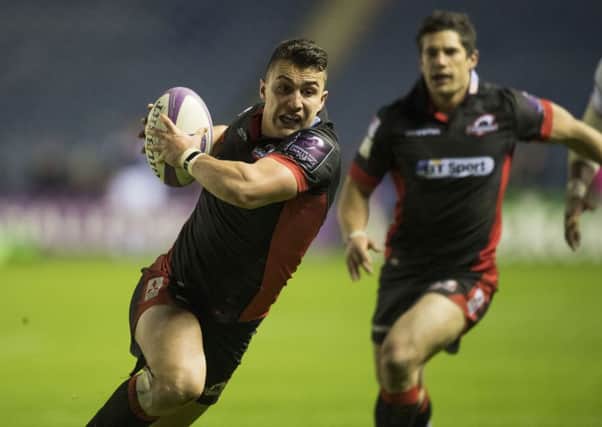 Edinburgh's Damien Hoyland runs in for the opening try. Picture: Gary Hutchison/SNS/SRU