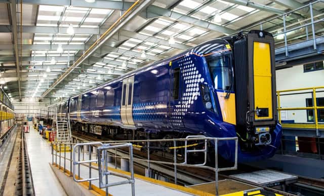 The first of ScotRail's new Class 385 electric trains at its Shields Road depot in Glasgow today. Picture: SNS