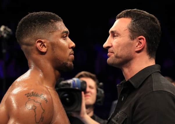 Anthony Joshua , left, and Wladimir Klitschko in Manchester. Picture: Getty.