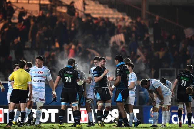 Glasgow players celebrate after defeating the French champions. Picture: Getty.