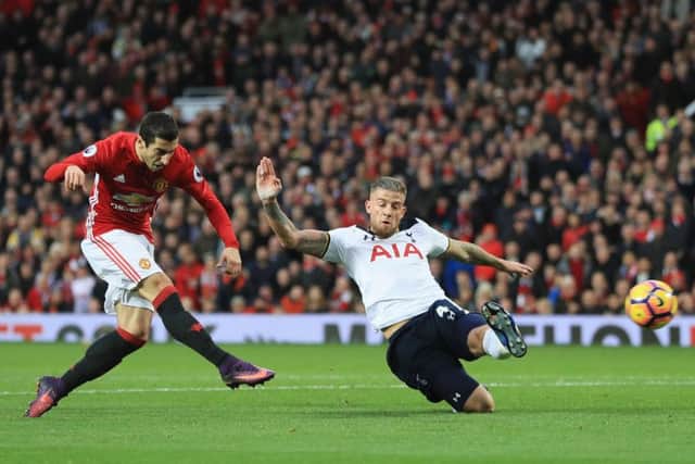 Henrikh Mkhitaryan scores the goal which secured Manchester Uniteds victory over Spurs. Picture: Getty.