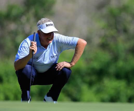 Colin Montgomerie lines up a putt en route to finishing third in the European Senior Tour's season-ending event in Mauritius. Picture: Getty Images