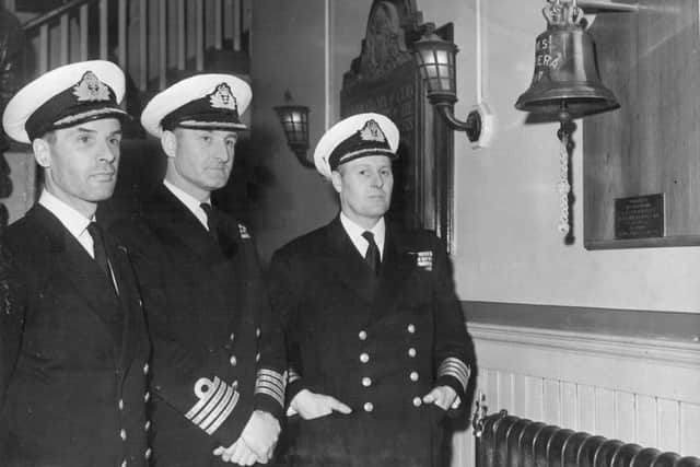 Presentation in Govan of the ship's bell belonging to HMS Vimiera that was sunk in 1942. Picture: SWNS