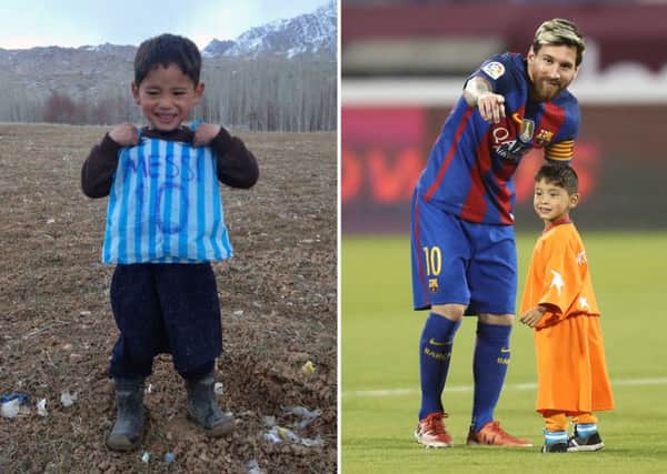 Murtaza Ahmadi posing with his plastic bag jersey in Jaghori (left) and with Barcelona forward Lionel Messi. Picture: Getty Images