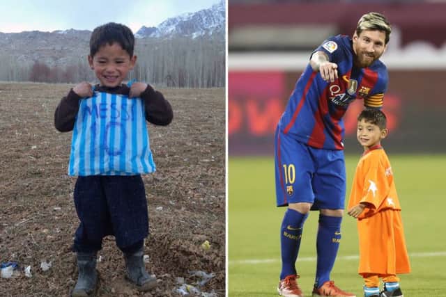Murtaza Ahmadi posing with his plastic bag jersey in Jaghori (left) and with  Barcelona forward Lionel Messi. Picture: Getty Images