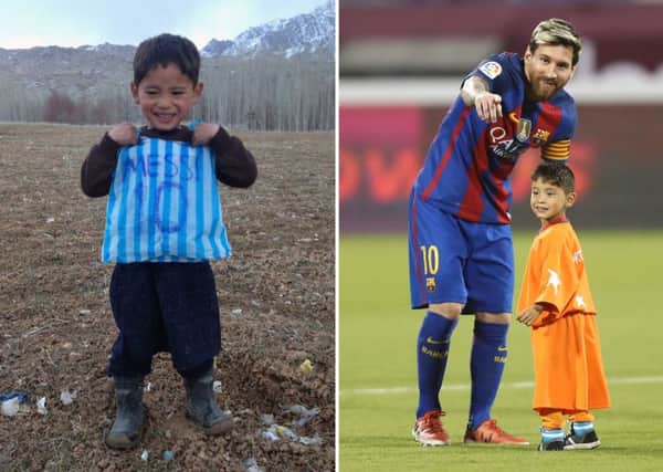 Murtaza Ahmadi posing with his plastic bag jersey in Jaghori (left) and with  Barcelona forward Lionel Messi. Picture: Getty Images
