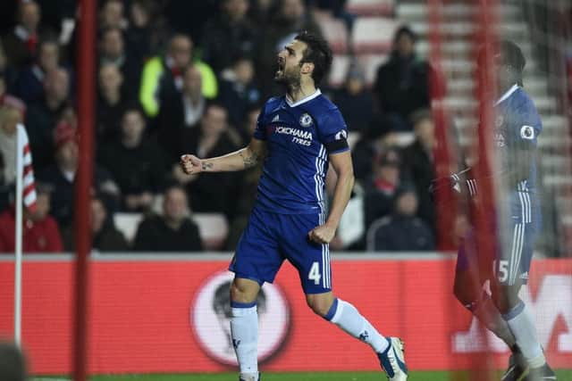 Chelsea midfielder Cesc Fabregas celebrates his goal at the Stadium of Light in Sunderland. Picture: Oli Scarff/AFP/Getty