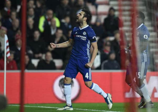 Chelsea midfielder Cesc Fabregas celebrates his goal at the Stadium of Light in Sunderland. Picture: Oli Scarff/AFP/Getty