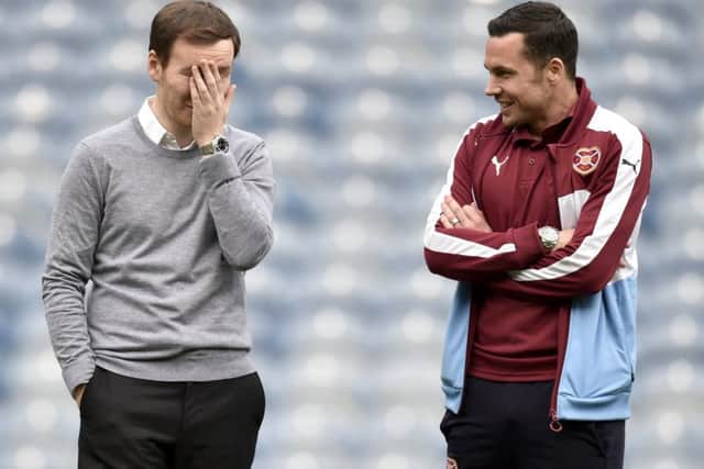 Hearts manager Ian Cathro (left) with Don Cowie ahead of his opening match at Ibrox. Picture: SNS
