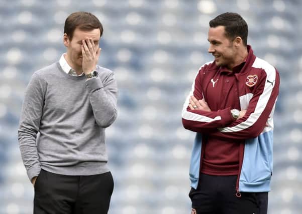Hearts manager Ian Cathro (left) with Don Cowie ahead of his opening match at Ibrox. Picture: SNS