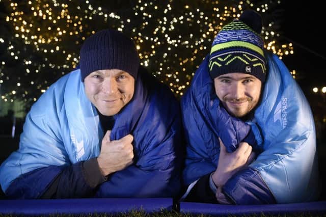 Sir Chris Hoy and Josh Littlejohn of Social Bite join over 250 people in Charlotte Square for the first Social Bite CEO Sleepout. Picture; Greg Macvean