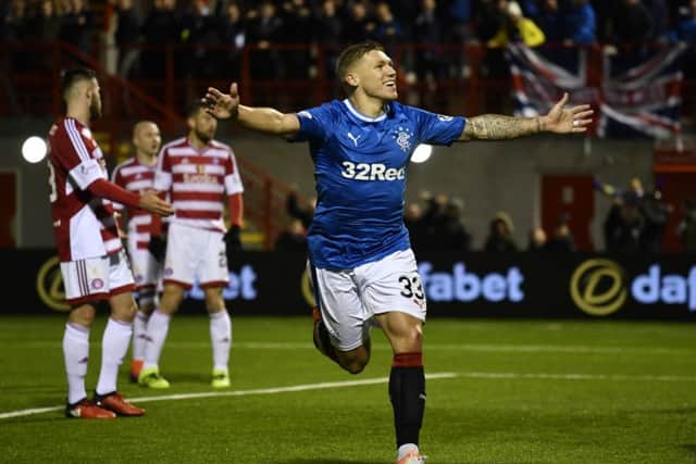 Rangers' Martyn Waghorn celebrates scoring his second goal. Picture: SNS