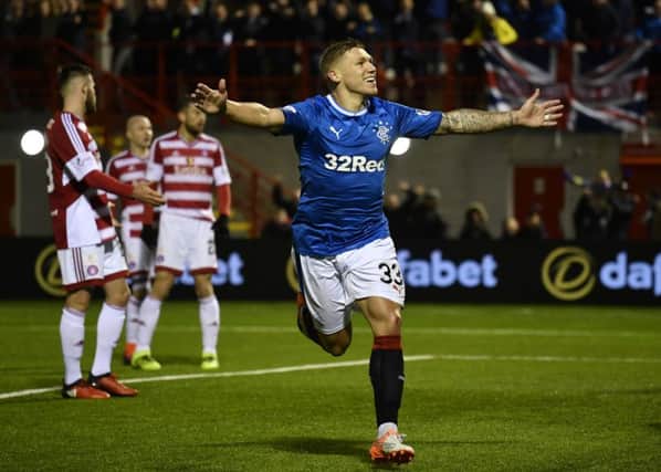 Rangers' Martyn Waghorn celebrates scoring his second goal. Picture: SNS