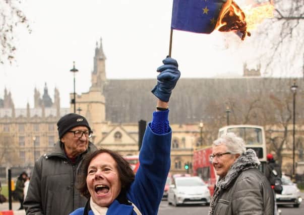 A woman burns an EU flag outside the Supreme Court during a hearing into whether parliaments consent is required before the Brexit process can begin. 
Picture: Leon Neal/Getty