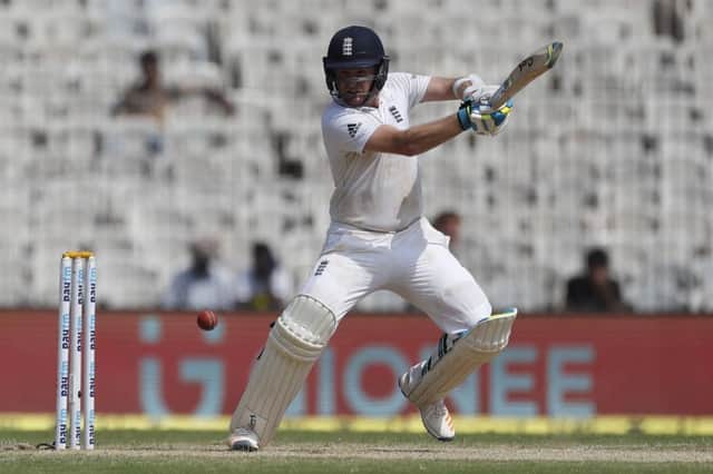 Debutant Liam Dawson on his way to an unbeaten 66 to help England to 477 in Chennai.  Photograph: Tsering Topgyal/AP