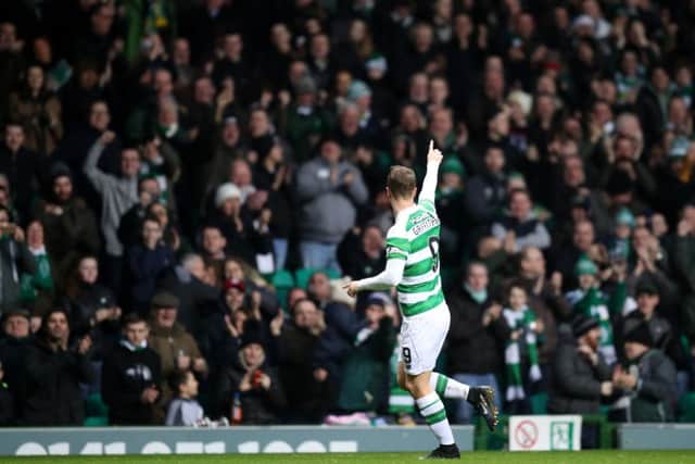 Celtic's Leigh Griffiths celebrates scoring his side's first goal during the Ladbrokes Scottish Premiership matchversus Dundee. Picture: Jane Barlow/PA