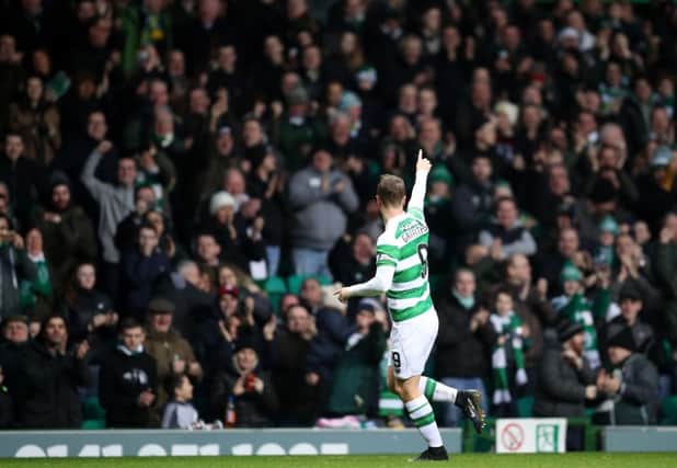 Celtic's Leigh Griffiths celebrates scoring his side's first goal during the Ladbrokes Scottish Premiership matchversus Dundee. Picture: Jane Barlow/PA