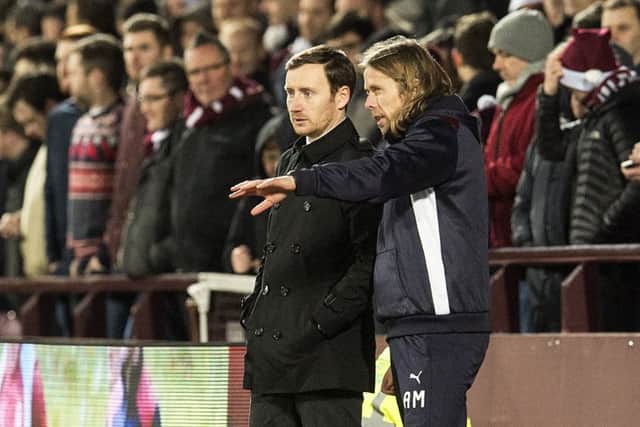 Hearts manager Ian Cathro (left) consults with his assistant Austin McPhee during the 1 - 1 draw with Partick Thistle at Tynecastle. Pitcure: Craig Foy/SNS