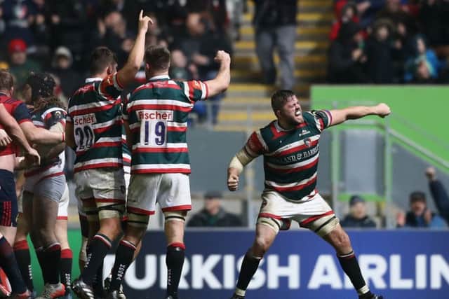 Ed Slater of Leicester celebrates their victory over Munster at Welford Road Picture: David Rogers/Getty Images
