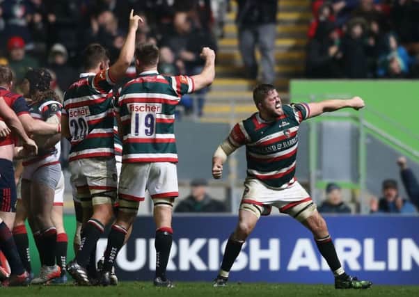Ed Slater of Leicester celebrates their victory over Munster at Welford Road Picture:  David Rogers/Getty Images