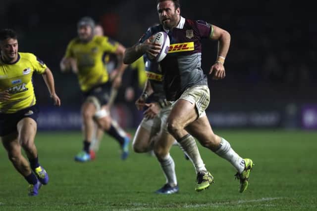 Hat-trick hero Jamie Roberts of Quins scores their 8th trya gainst Timisoara Saracens at Twickenham. Picture: Christopher Lee/Getty Images