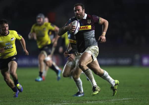 Hat-trick hero Jamie Roberts of Quins scores their 8th trya gainst Timisoara Saracens at Twickenham. Picture: Christopher Lee/Getty Images