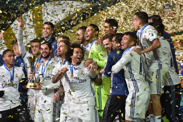 Real Madrid players celebrate their victory in the Club World Cup final. Picture: Getty.