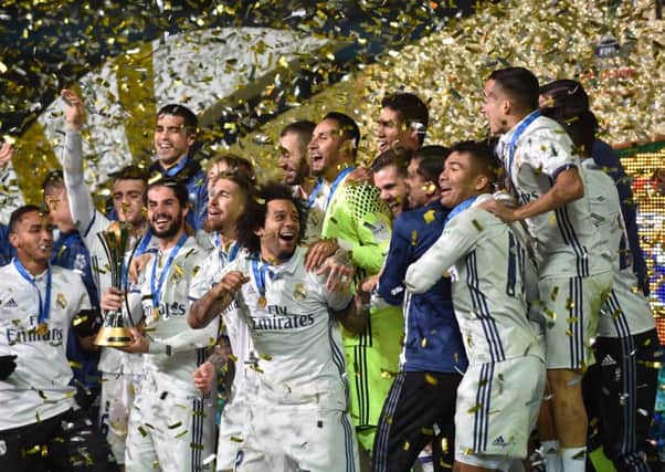 Real Madrid players celebrate their victory in the Club World Cup final. Picture: Getty.