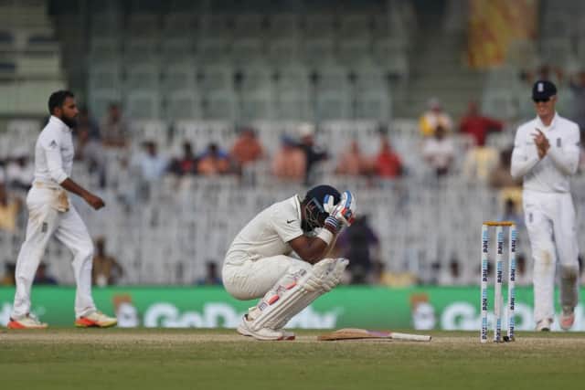India's KL Rahul, centre, reacts as Adil Rashid, far left, and Keaton Jennings celebrate his dismissaL. Picture: AP