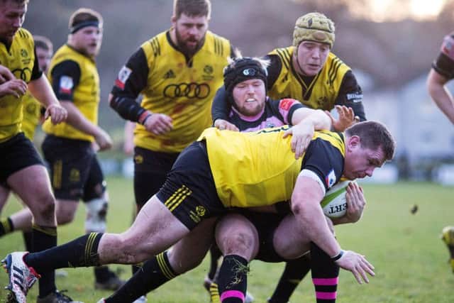 Melroses Ruairi McLeod goes over for a late try at Greenyards. Picture: SNS.