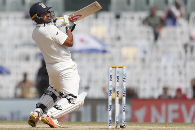 India's Karun Nair plays a shot during his innings against England at Chennai. Picture: Tsering Topgyal/AP