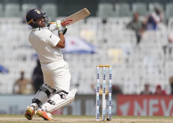 India's Karun Nair plays a shot during his innings against England at Chennai. Picture: Tsering Topgyal/AP