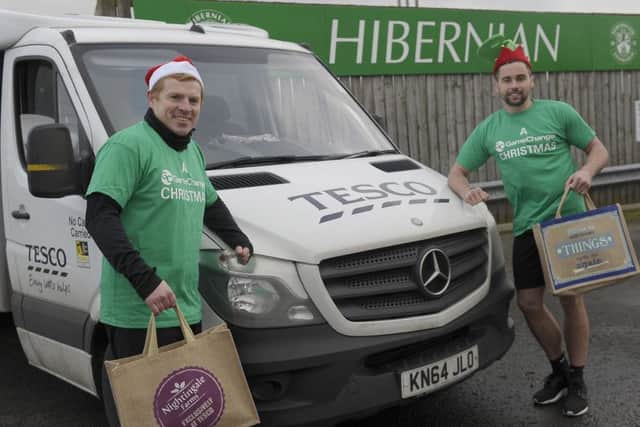 Neil Lennon and Darren McGregor publicise Hibs partnership with Tesco which will serve lunches to those in need on Christmas Day. Picture: Neil Hanna.