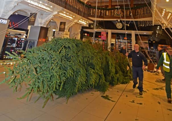 Workers install the Christmas tree in Jenners department store in November. Picture: Jon Savage/TSPL