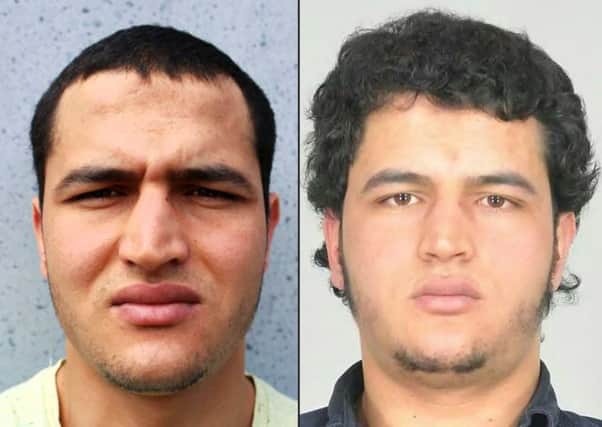 Two handout portraits released by German police of Anis Amri, suspected of being involved in the Berlin Christmas market attack, that killed 12 people on December 19. Amri was shot dead by police in Milan yesterday. Picture: Getty