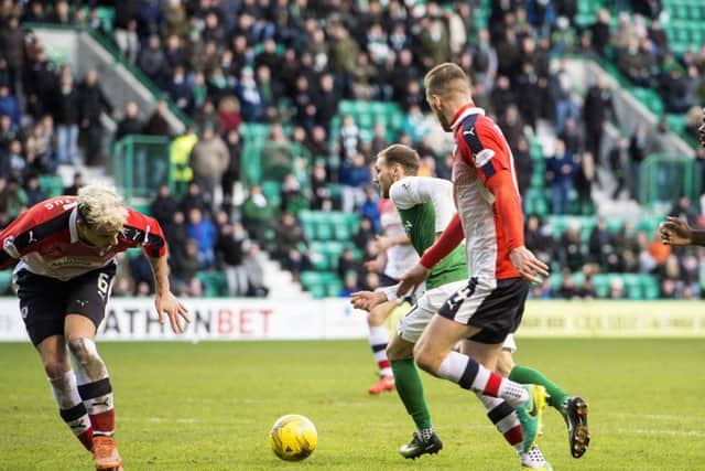 Martin Boyle scores Hibs' late equaliser against Raith Rovers. Picture: Bill Murray/SNS
