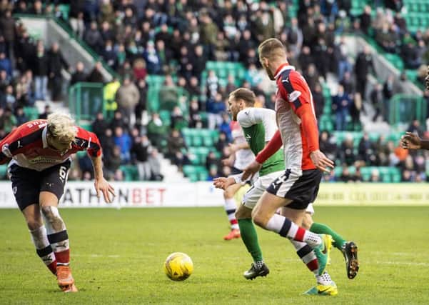 Martin Boyle scores Hibs' late equaliser against Raith Rovers. Picture: Bill Murray/SNS