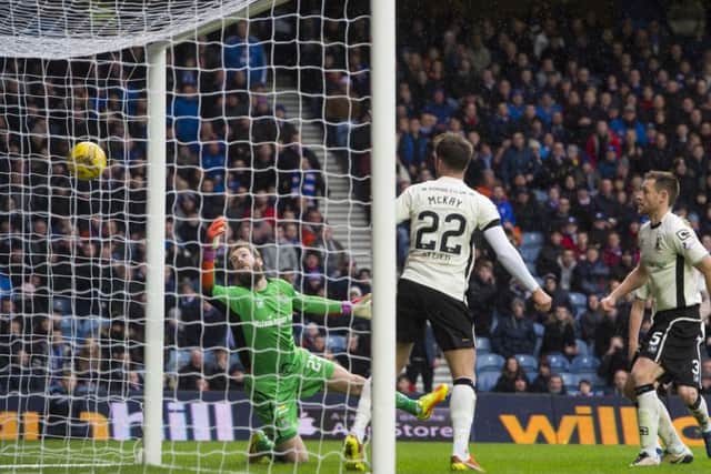 A shot by Rangers' Martyn Waghorn deflects off Brad McKay and finds the back of the net. Picture: Craig Foy/SNS