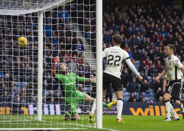 A shot by Rangers' Martyn Waghorn deflects off Brad McKay and finds the back of the net. Picture: Craig Foy/SNS