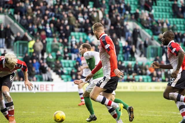 Martin Boyle prepares to smash home Hibs' late equaliser