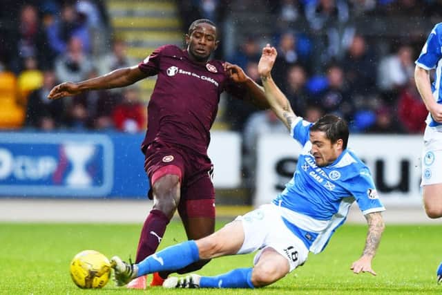 Arnaud Djoum believes he played his best game in a Hearts jersey in spite of losing 3-2 at Dundee. Picture: SNS.