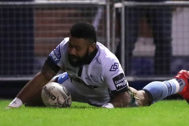 Glasgow's Junior Bulumakau scores the opening try at Murrayfield. Picture: Ian MacNicol/Getty Images
