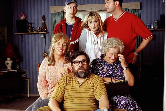 The Royle Family, clockwise from bottom Jim (Ricky Tomlinson), Barbara (Sue Johnston), Anthony (Ralph Little), Denise (Caroline Aherne), Dave (Craig Cash) and Nana (Liz Smith) who has died. Picture: BBC