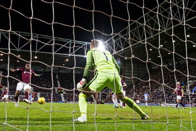 Arnaud Djoum doubles the score for Hearts as Ian Cathro's men cruised to victory over Kilmarnock at Tynecastle. Picture: SNS Group