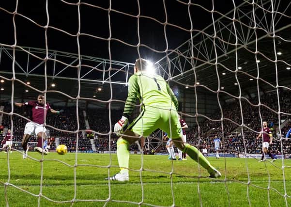 Arnaud Djoum doubles the score for Hearts as Ian Cathro's men cruised to victory over Kilmarnock at Tynecastle. Picture: SNS Group