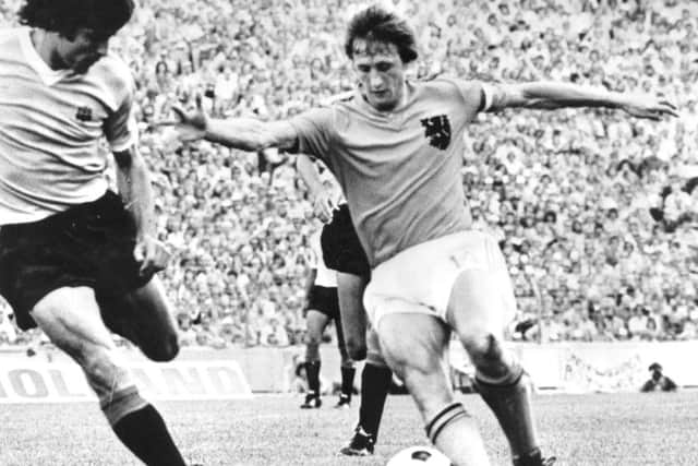 Johan Cruyff in action for Holland against Uruguay at the 1974 World Cup. Picture: Keystone/Getty Images